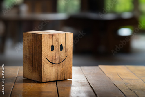 A wooden box on a table with a smiley face, Generative AI