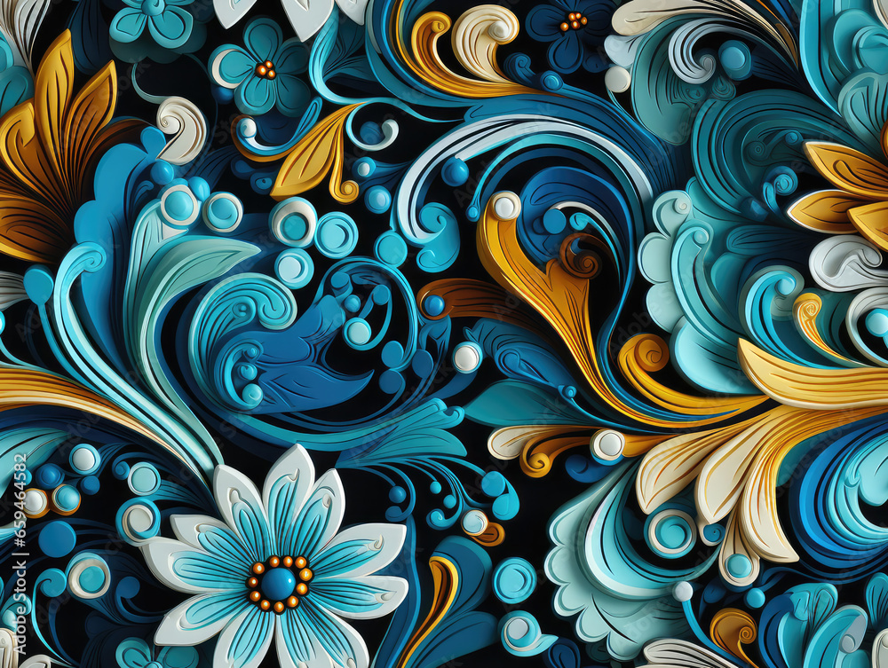 Vibrant Fusion: Ethnic Paisley Pattern on Blue and Orange Background Vibrant Fusion: Ethnic Paisley Pattern on Blue and Orange Background