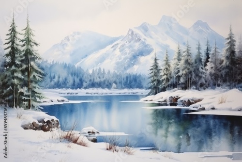 Mountains, forests, and a lake in a watercolor scene, winter landscape © Enigma