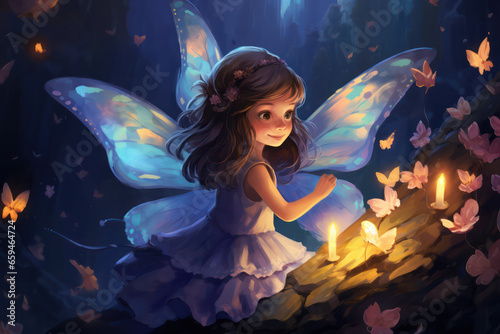 Moonlit Magic: Girl and Glowing Butterfly Illuminate the Night