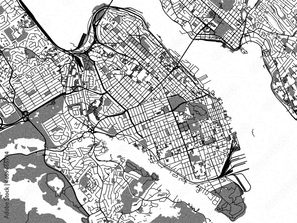Naklejka premium Greyscale vector city map of Halifax Center Nova Scotia in Canada with with water, fields and parks, and roads on a white background.
