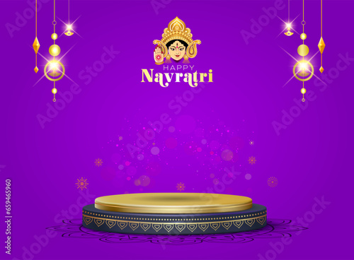 Poster background design of navratri festival. Happy Navratri text with Navratri festive backdrop and Podium stage design.