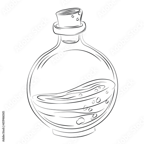 A glass bottle with a potion. Witchcraft and a curse. Vector stock illustration. Isolated on a white background.