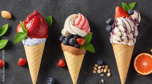 Various of ice cream flavor in cones blueberry ,strawberry ,pistachio ,orange and cherry setup on black texture background