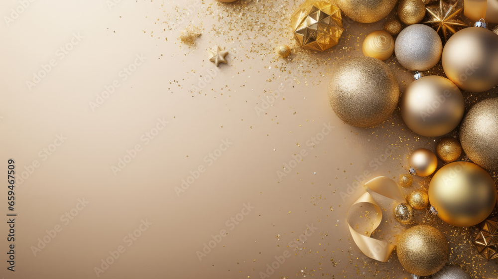 Luxury golden New Year balls and toys on a dark background on Christmas Eve, copy space. Luxury golden New Year balls and toys on a dark background on Christmas Eve, copy space.