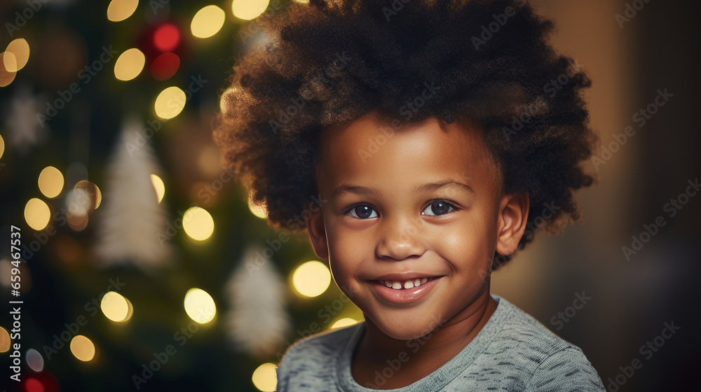 Portrait of a happy black child near the New Year tree on Christmas Eve. Portrait of a happy black child near the New Year tree on Christmas Eve.