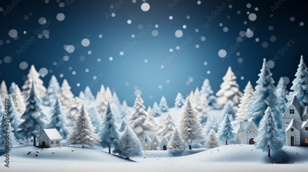 Abstract minimal winter Christmas background with Christmas tree, village house, AI generated