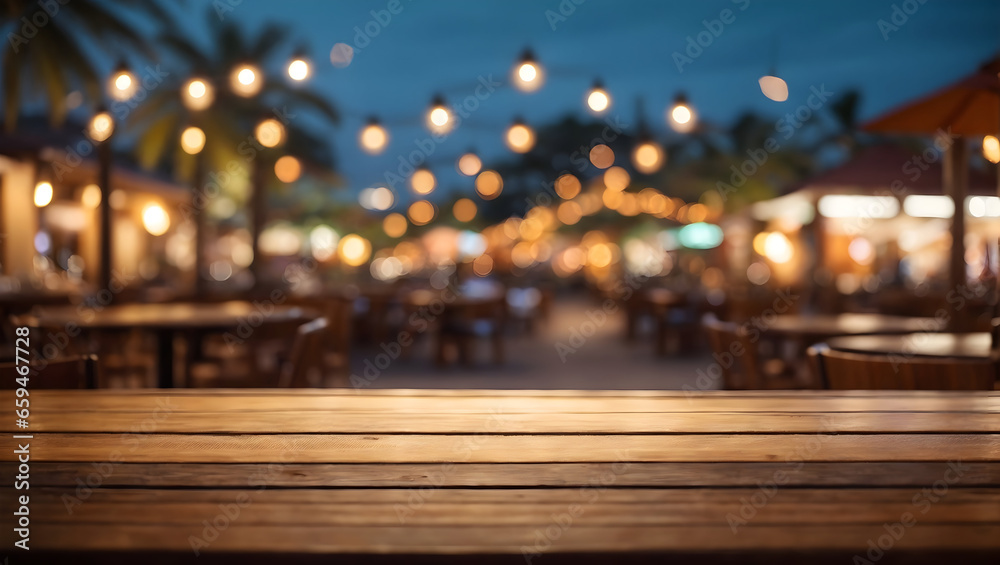 wooden table with blurred city background