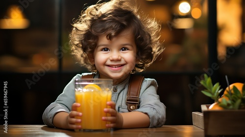 little child drinking orange juice photo