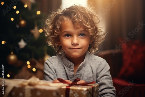 Happy little cute child boy with Christmas gift, AI generated