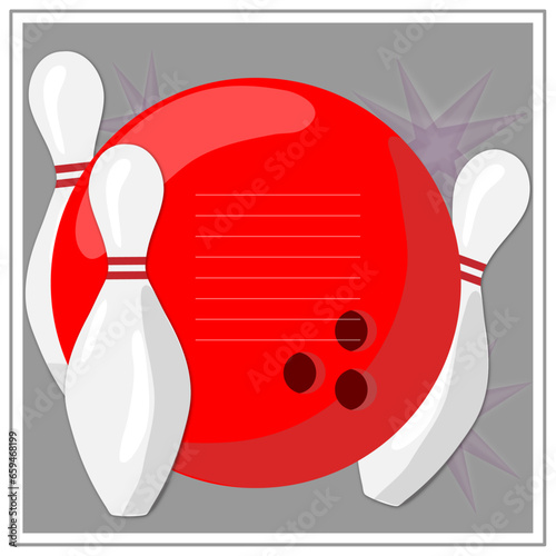 Birthday or bowling modern party invitation template. Vector illustation with bowling ball and pins and lines for text.