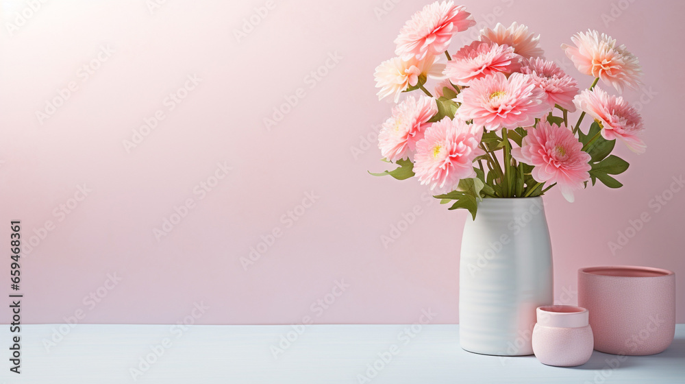 pink flowers in a vase on the white table, copy space on the pink wall