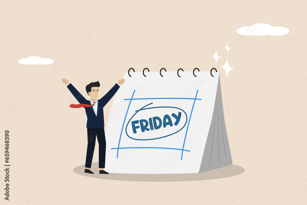 Happy Friday, relax enjoy the last day of work and welcome the weekend, happy lifestyle after a stressful week, happy businessman enjoying the weekend. Illustration of a successful businessman. Happy Friday, relax enjoy the last day of work and welcome the weekend, happy lifestyle after a stressful week, happy businessman enjoying the weekend. Illustration of a successful businessman.
