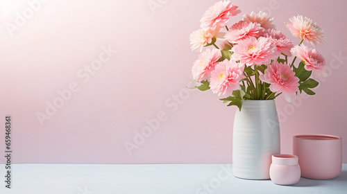 pink flowers in a vase on the white table, copy space on the pink wall