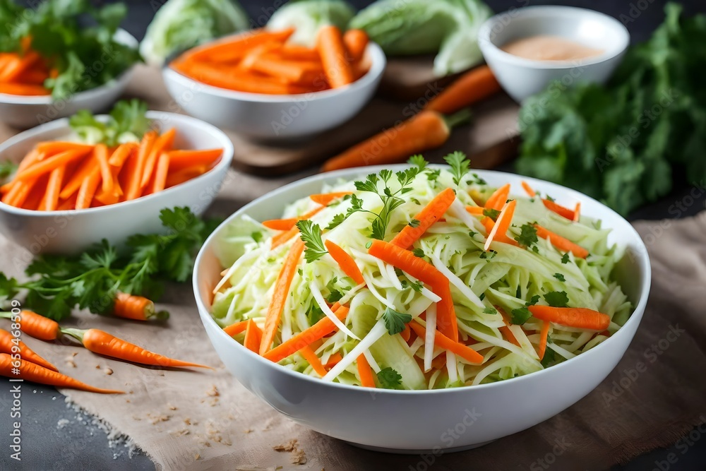 Fresh cabbage salad with carrots and cucumber in a white bowl - obrazy, fototapety, plakaty 
