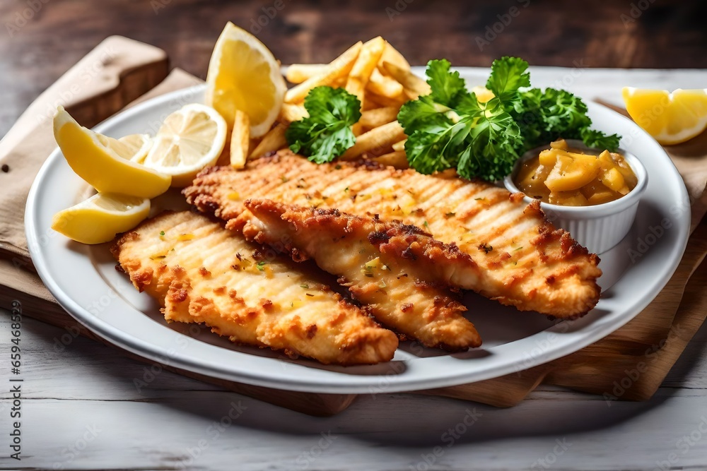 Fried fish fillet, potatoes, and lemon on a white platter are known as fish and chips