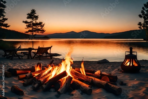 Flame-filled campfire by the water. Sunset with a fire, logs, and open flames. Nighttime camping on the beach. beautiful lake scenery
