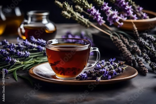 Fresh, delicious tea is served with lavender and lavender flowers on a gray stone table