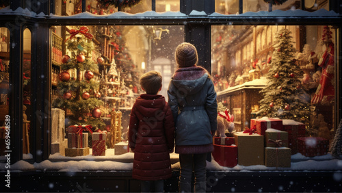mother and son opening the shop door and entering a topshop in christmas eve without snow