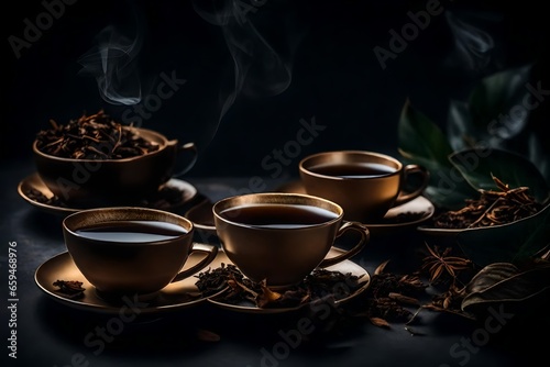 Tea cups with dried leaf on the dark background