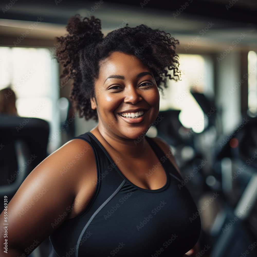 Smiling plus size young black woman working out in gym