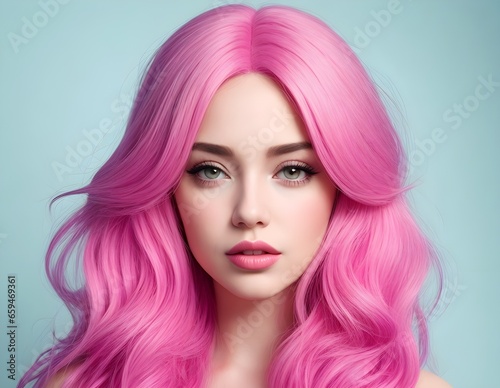 An emotional woman wearing a pink wig with pink lip makeup. Generative AI