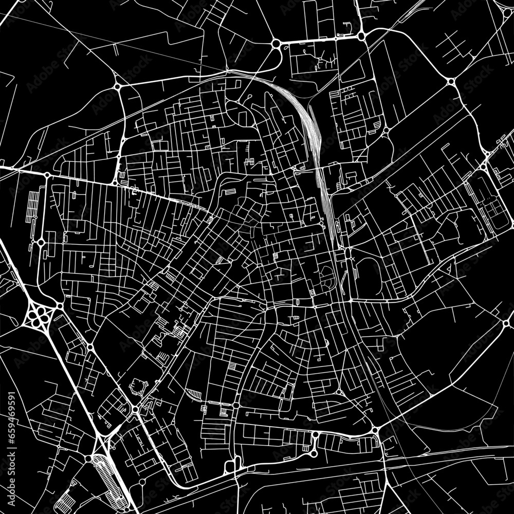 Fototapeta premium 1:1 square aspect ratio vector road map of the city of Ravenna in Italy with white roads on a black background.