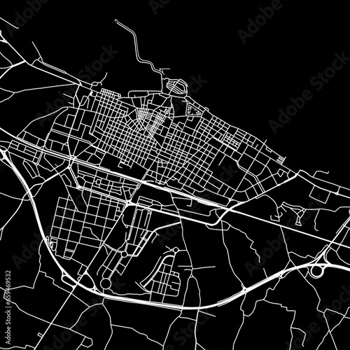 1:1 square aspect ratio vector road map of the city of  Molfetta in Italy with white roads on a black background.