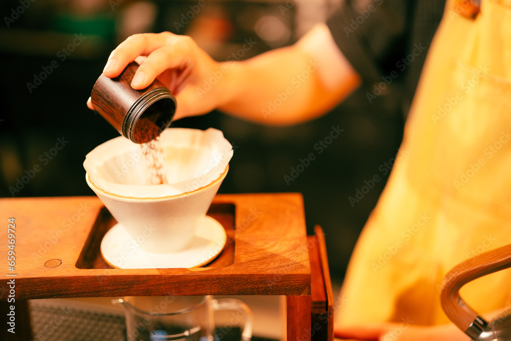 People use coffee making equipment and tools at home kitchens to brew hot coffee that drips into their cups, Professional barista preparing coffee over coffee maker and drip kettle People use coffee making equipment and tools at home kitchens to brew hot coffee that drips into their cups, Professional barista preparing coffee over coffee maker and drip kettle