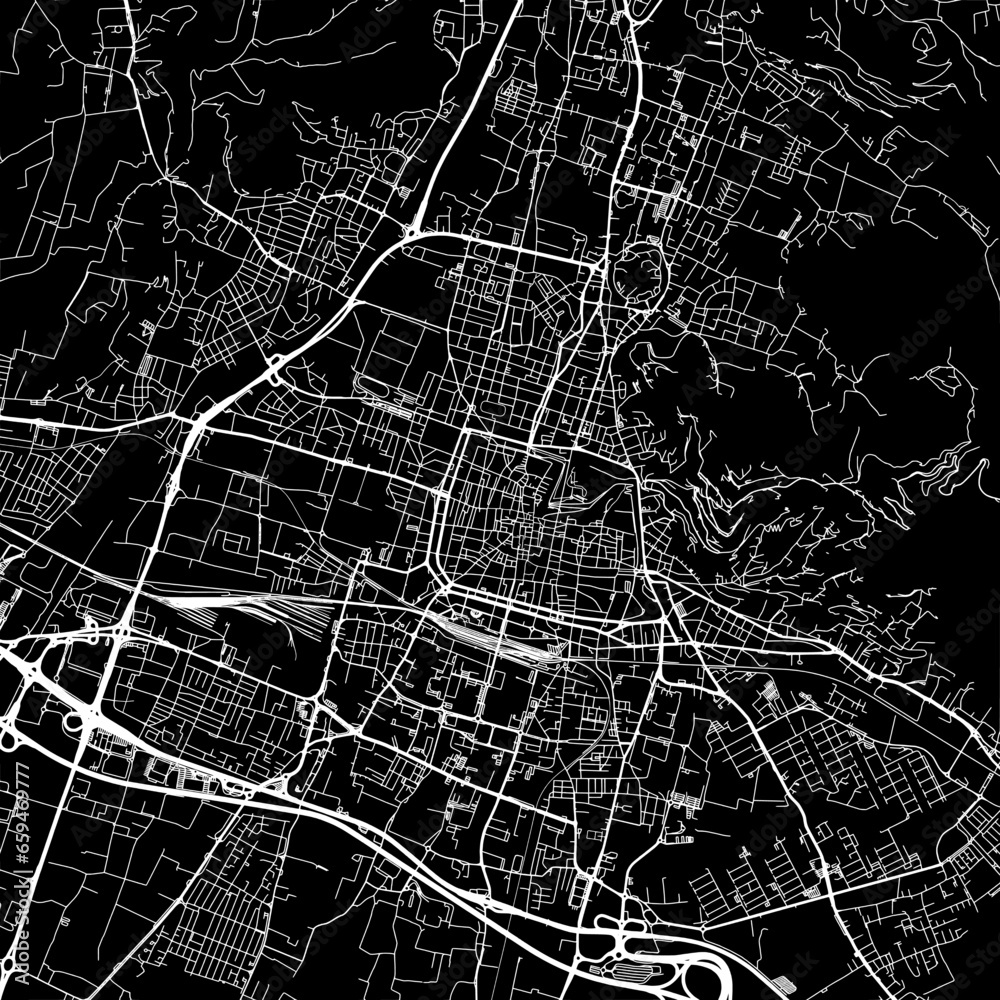 1:1 square aspect ratio vector road map of the city of  Brescia in Italy with white roads on a black background.