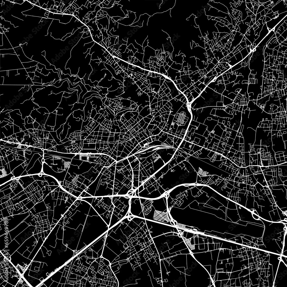 1:1 square aspect ratio vector road map of the city of  Bergamo in Italy with white roads on a black background.