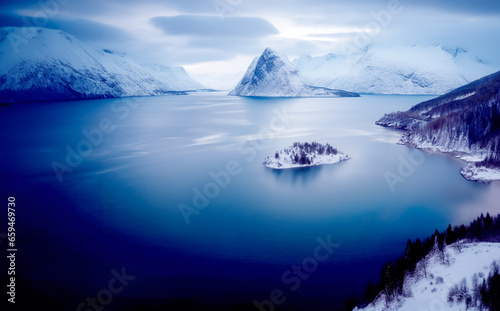 Aerial view of blue sea, snowy mountains, rocks, cloudy sky in winter landscape arctic, seascape 