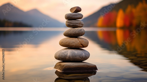 Balancing stones and landscape with the lake and mountains