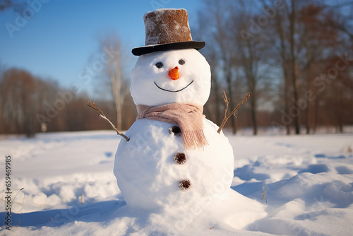As the sun dips below the horizon, our snowman's icy features catch the last rays of daylight. 