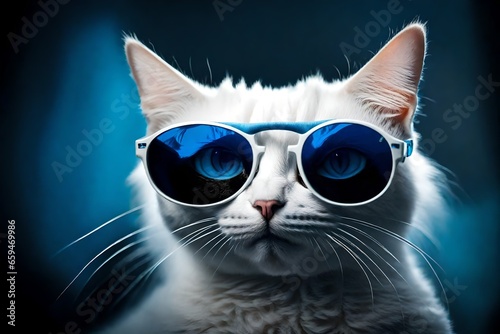 a white cat,with onley 2eyes 4legs,sun glases on her eyes ,background is black and blue also close up shot