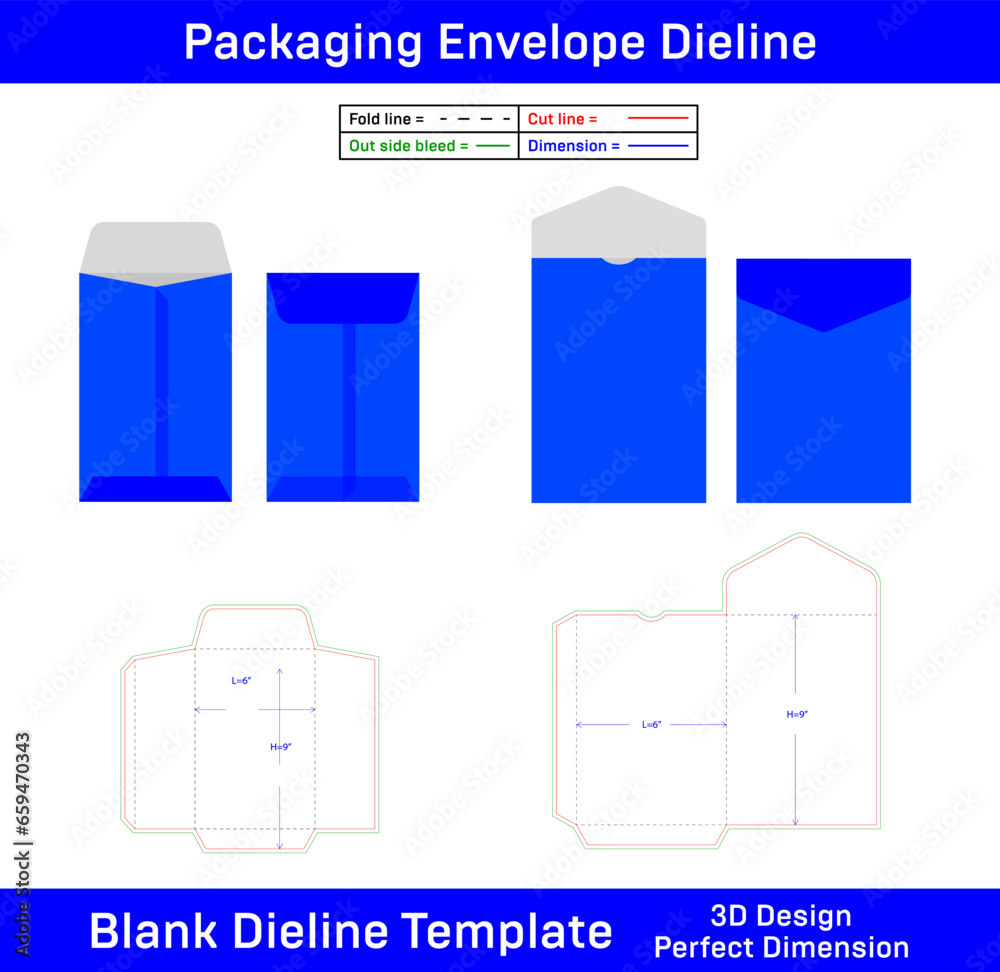 Vecteur Stock Vector Catalog Envelope set Template Die Line 6x9 Inch 3D