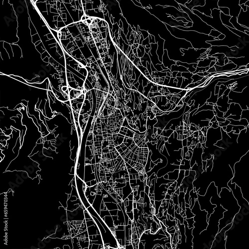 1:1 square aspect ratio vector road map of the city of  Trento in Italy with white roads on a black background.