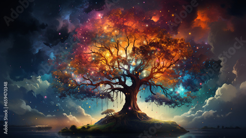 huge trees of life blend with psychedelic colored galaxies with stars, galaxy clouds 3d generative ai