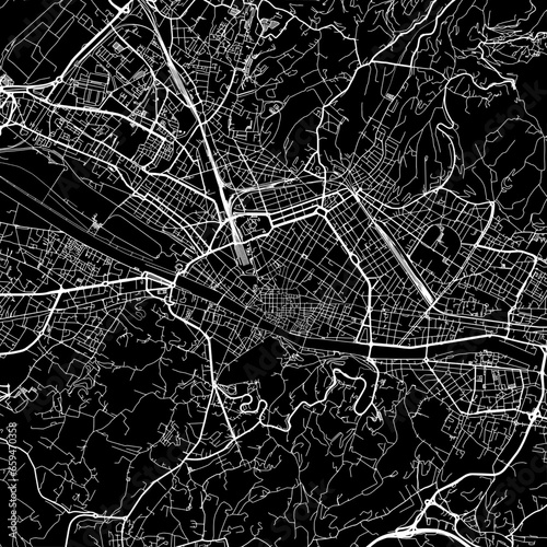1:1 square aspect ratio vector road map of the city of  Firenze in Italy with white roads on a black background.
