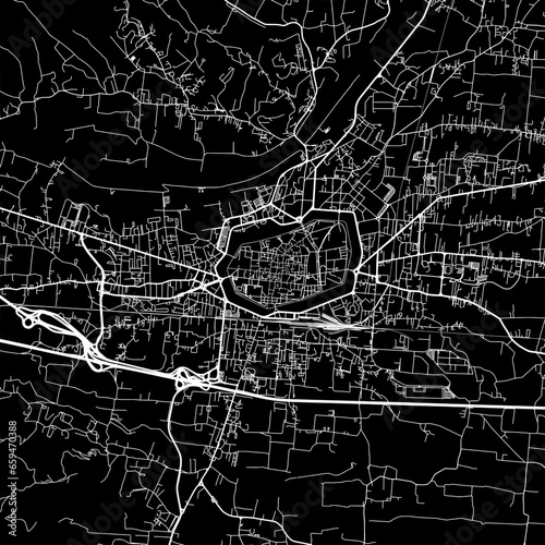 1:1 square aspect ratio vector road map of the city of Lucca in Italy with white roads on a black background.