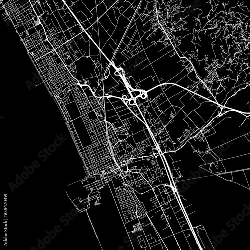 1:1 square aspect ratio vector road map of the city of  Viareggio in Italy with white roads on a black background.