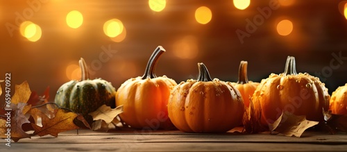 Various small pumpkins decorated with lights on a wooden table