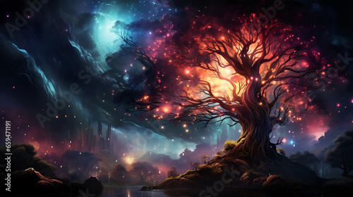 huge trees of life blend with psychedelic colored galaxies with stars, galaxy clouds 3d generative ai photo
