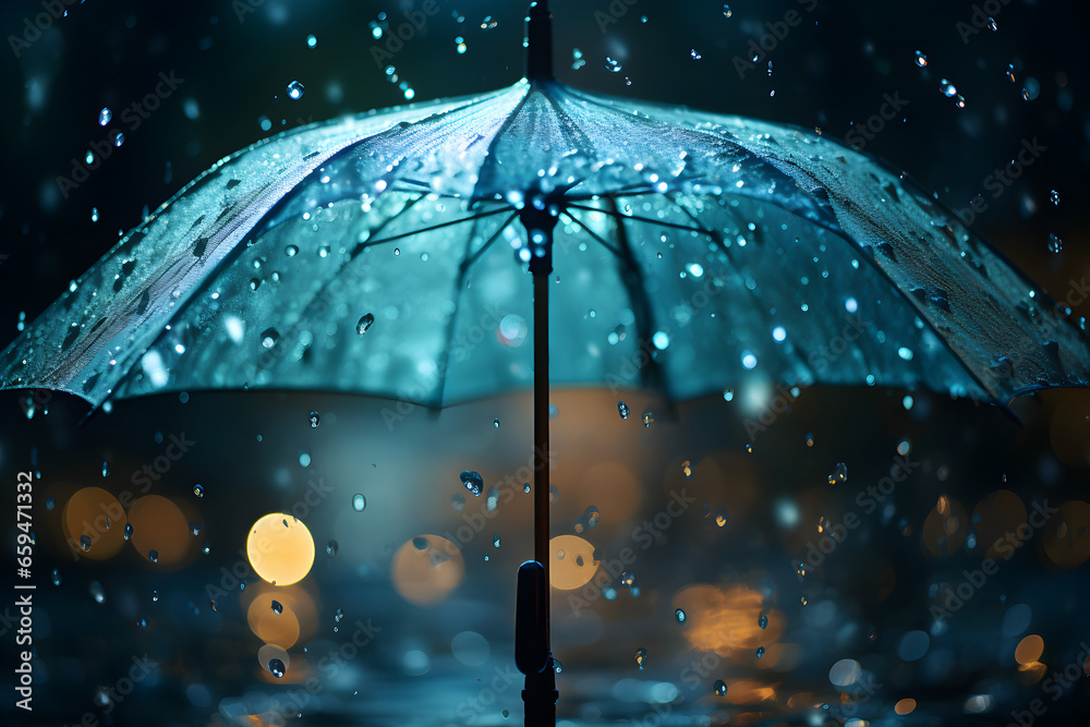 Blue umbrella in the rain, water drops closeup