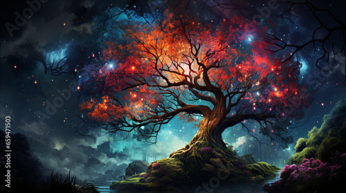 huge trees of life blend with psychedelic colored galaxies with stars, galaxy clouds 3d generative ai © Adja Atmaja