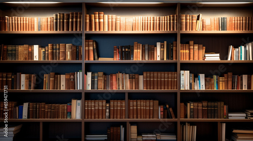 Bookshelves with top lighting in the dark abstract background photo