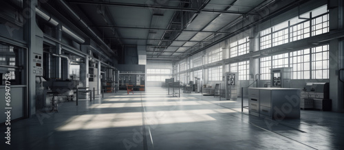 Interior of factory, factory shop, workshop. Modern industrial enterprise. Industrial building inside. Empty Factory
