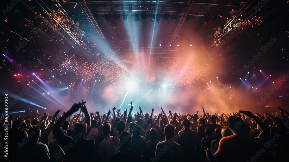 Crowded concert hall with stage lights, bright colored spotlights and smoke. Performance of a singer, artist, musician, band, disco in a club with people silhouette