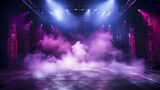 Empty fog stage in purple lighting. Nightclub spotlights. Party background
