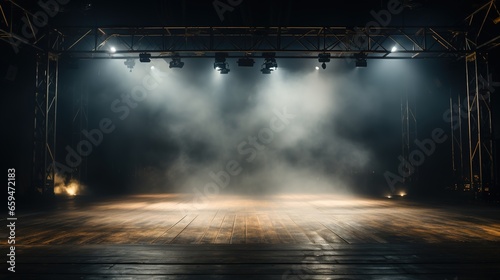 Empty stage in the light of spotlights with billowing smoke. Performance, concert, party background